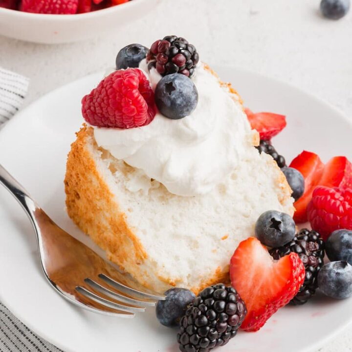 Summer Berry Angel Food Cake with Melted Chocolate